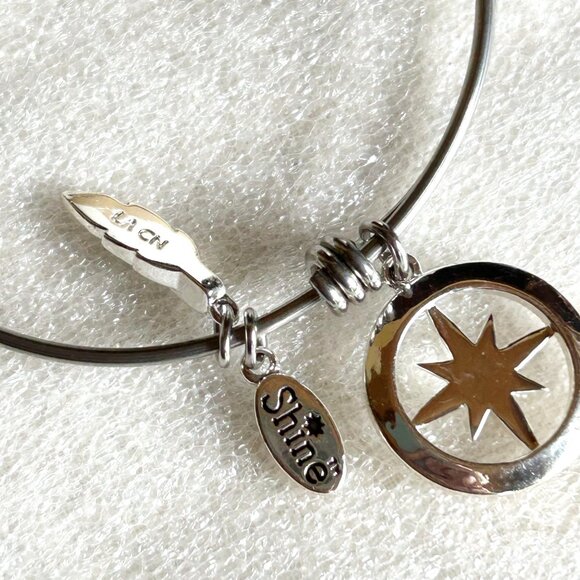 Compass Charm Silver Bangle Bracelet w Shine & Feather Charms Adjustable - Picture 6 of 8
